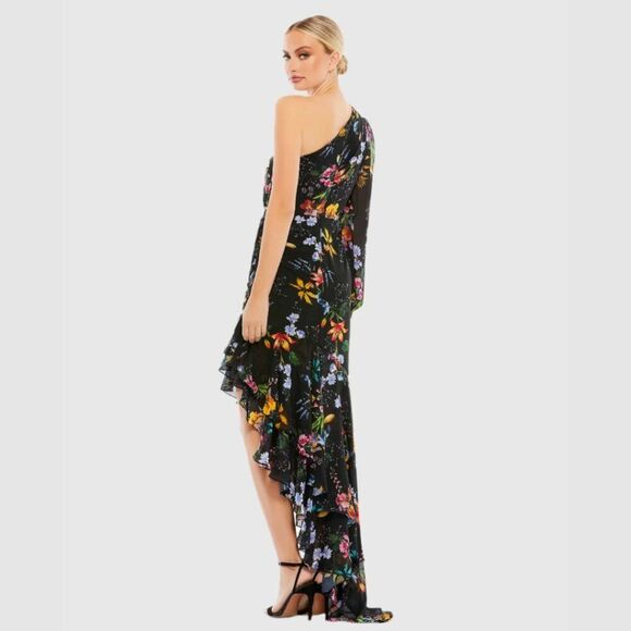 Mac‎ Duggal 55668 Size 2 Black Floral One Sleeve Cut Out Ruffled Maxi Dress Gown - Picture 5 of 5